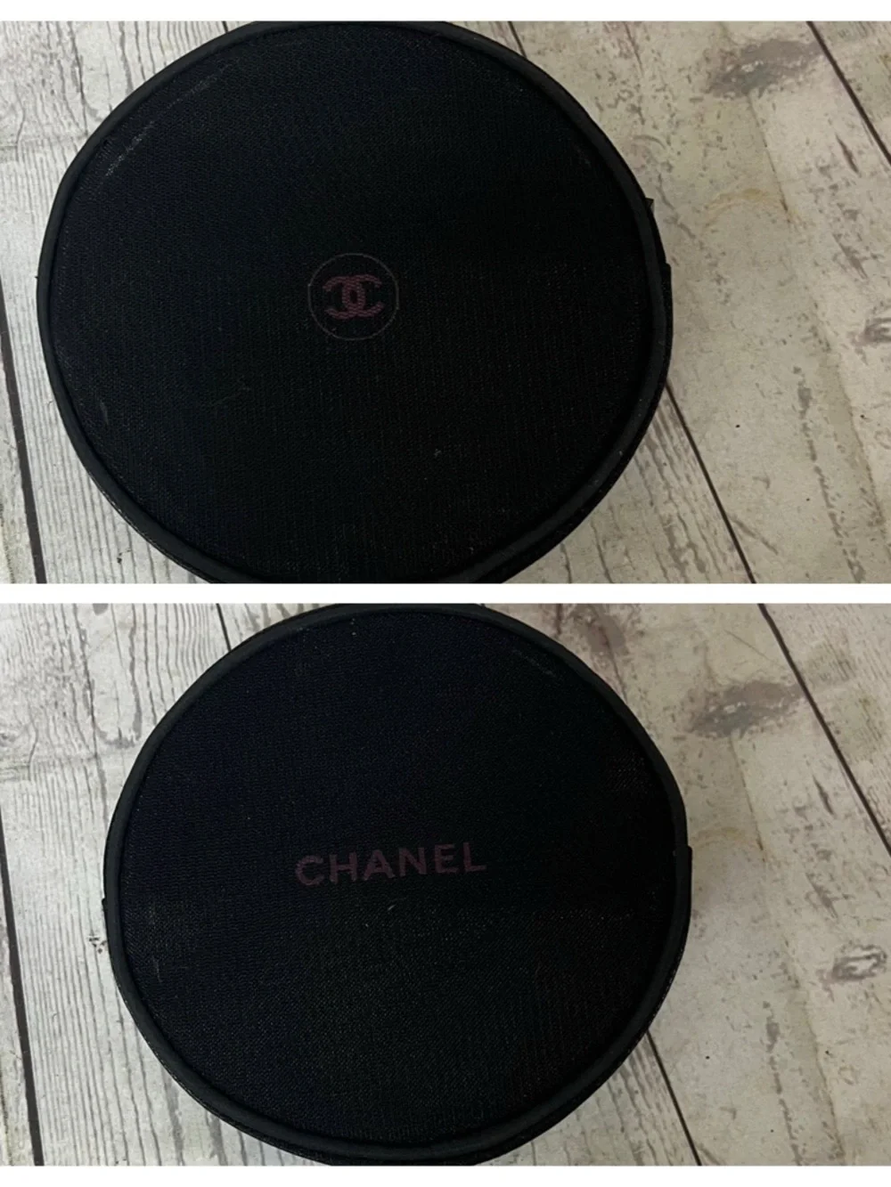 CHANEL Black Round Mesh Cosmetic Zip Bag.